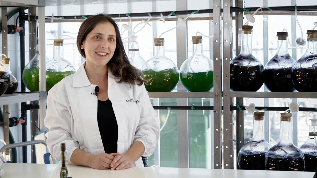 Mariana Carneiro en la sala de inóculo de Necton.  Aquí, las microalgas se cultivan primero en pequeños frascos antes de ser finalmente transferidas al fotobiorreactor al aire libre.