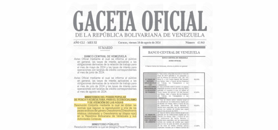 PROMULGADA RESOLUCIÓN CONJUNTA MINPESCA-MINEC PARA REGULAR TILAPIAS